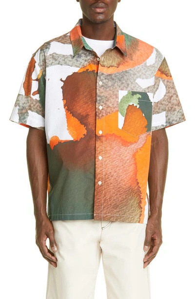 Isabel Marant Iggy Watercolor Short Sleeve Cotton Button-up Shirt In Ecru