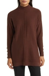 Anne Klein Button Cuff Mock Neck Sweater In Espresso
