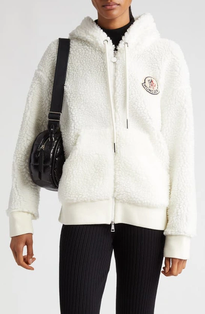 Moncler Faux Sherpa Hooded Zip-up Cardigan In Natural