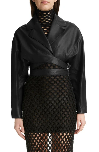 Alaïa Glove-sleeve Crop Crossover Leather Jacket In Noir Alaia