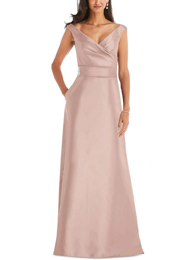 ALFRED SUNG WOMENS SATIN OFF THE SHOULDER EVENING DRESS
