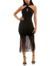 BEBE JUNIORS WOMENS FRINGE HEM KEYHOLE CUT HALTER DRESS