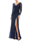 Mac Duggal Long Sleeve Sequin Faux Wrap Gown In Blue