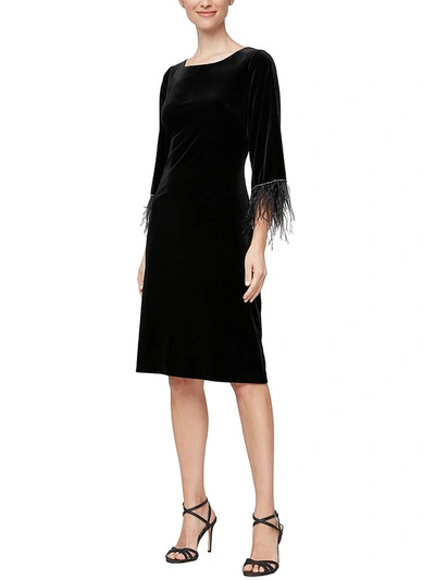 Alex & Eve Womens Velvet Feather Trim Shift Dress In Black