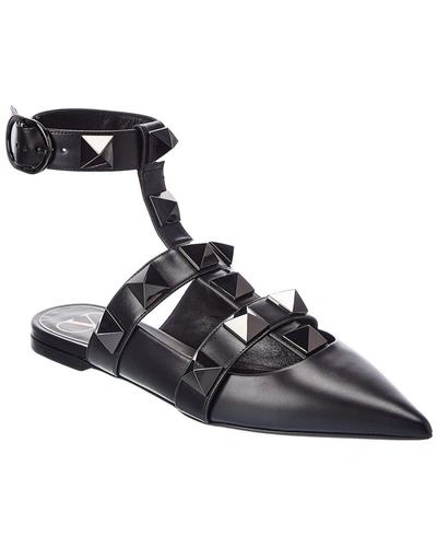 Valentino Garavani Valentino Roman Stud Leather Ankle Strap Flat In Black