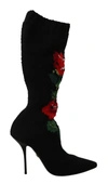 Dolce & Gabbana Black Stretch Socks Red Roses Booties In Black