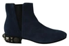 Dolce & Gabbana Blue Suede Embellished Studded Boots Shoes In Blue