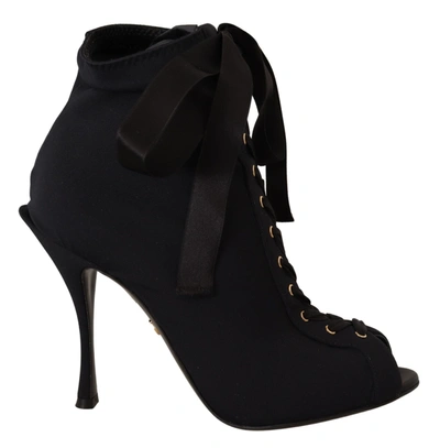 Dolce & Gabbana Black Stiletto Heels Lace Up Boots Shoes In Multi