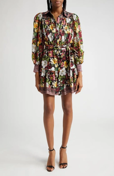 Alice And Olivia Mina Gathered Floral-print Chiffon Mini Dress In Black Multi