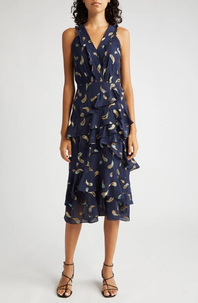 Saloni Geo Silk Georgette Midi Dress In Navy Rainbow ModeSens