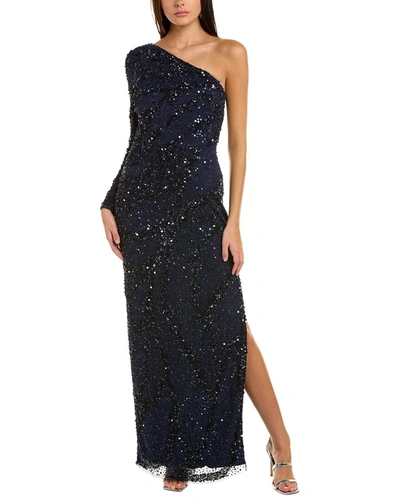 Theia Evangeline One-shoulder Beaded Column Gown In Blue