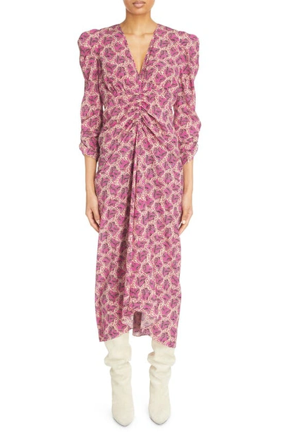 Isabel Marant Albini Ruched Floral-print Midi Dress In Pink