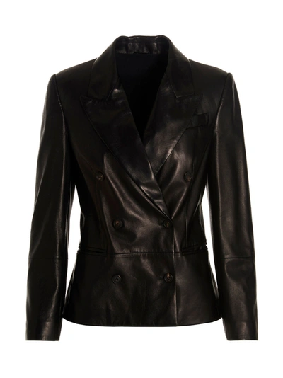 Brunello Cucinelli Double-breasted Leather Blazer Jacket In Nero