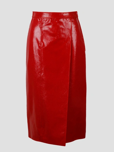 Gucci 蟒蛇纹印花皮革铅笔裙 In Red