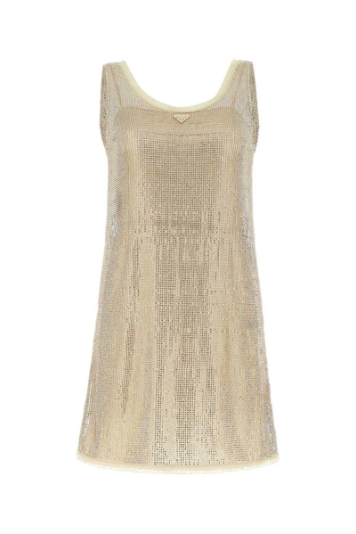 Prada Logo Plaque Embellished Sleeveless Dress In Cream