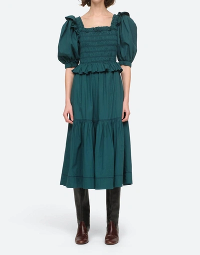 Sea Sibylle Puff Sleeve Smocked Dress In Forest In Green