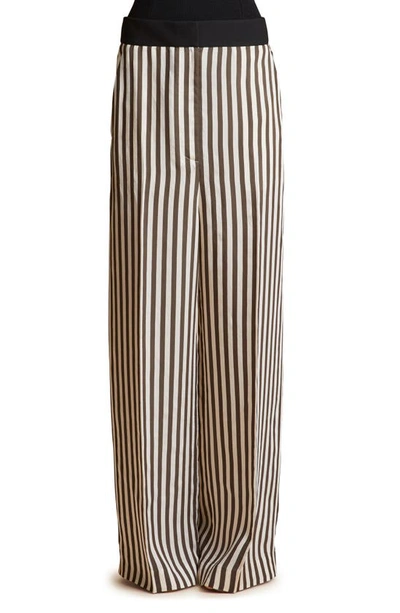 Khaite Banton Stripe Wide Leg Pants In Ivory & Dark Brown
