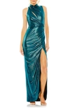 Mac Duggal High Neck Keyhole Cutout Sleeveless Metallic Jersey Gown In Peacock