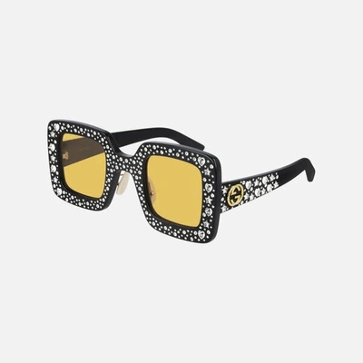Pre-owned Gucci Sunglasses Gg0780s 007 Black Square Crystal Frames Yellow Gradient Lens