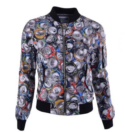 Pre-owned Moschino Couture Nylon Bomber Jacket With Beverage Cans Print Gray Black 04579