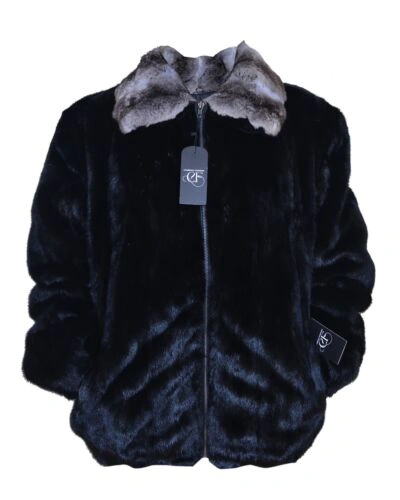 Pre-owned Handmade Man's Real Mink Fur Bomber Jacket Coat All Sizes With Real Chinchilla Fur Collar In Black Brown