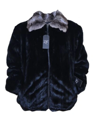 Pre-owned Handmade Man's Real Mink Fur Bomber Jacket Coat All Sizes Real Chinchilla Fur Collar Pre In Black Brown