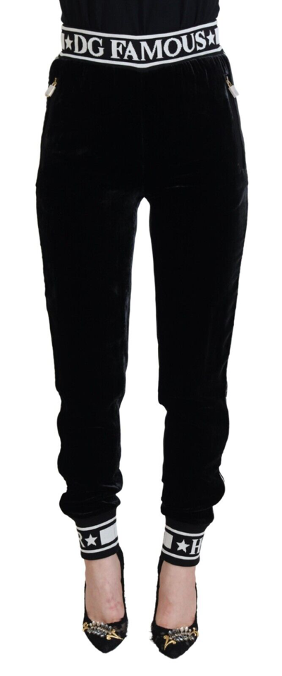 Pre-owned Dolce & Gabbana Pants Black Dg Logo Velvet Trouser It38/us4/xs Rrp Rrp 1500usd