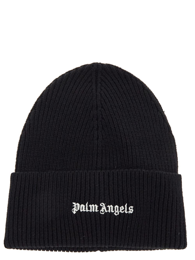 Palm Angels Classic Logo Ribbed Beanie Hat In Black