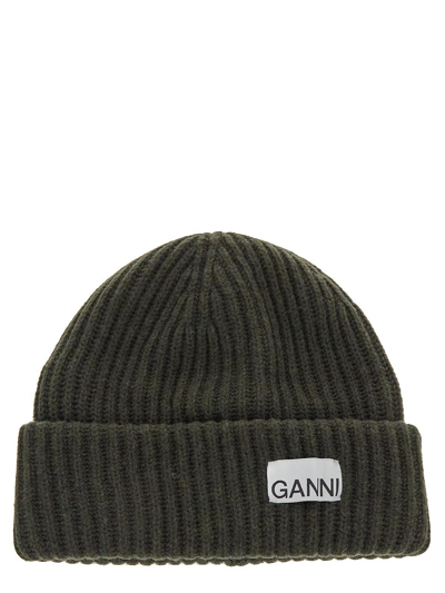 Ganni Logo-patch Ribbed-knit Beanie In 861 Kalamata