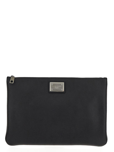 Dolce & Gabbana Grainy Leather And Nylon Pouch In Black