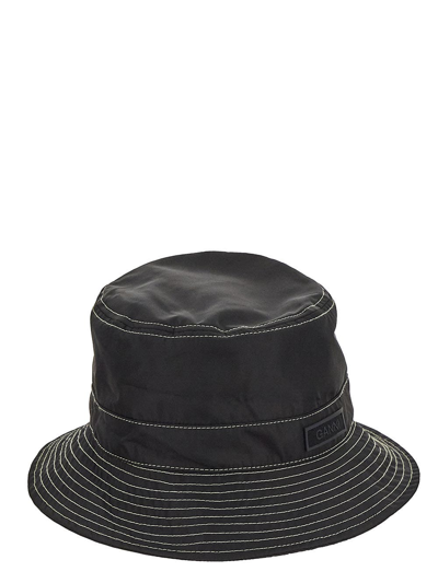 Ganni Yellow Stitch Bucket Hat Cr In Black