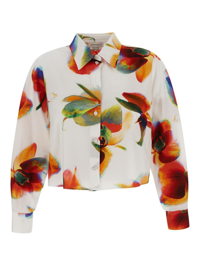 Alexander Mcqueen Floral Printed Cropped Shirt In White