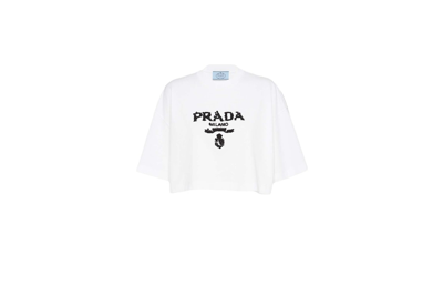 Pre-owned Prada Embroidered Interlock Crop T-shirt White