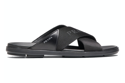 Pre-owned Prada Nylon Tape Crisscross Slides Black Leather (men's)