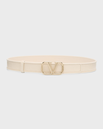 Valentino Garavani Toile Iconographe V-logo Leather & Platinum Belt In Light Ivory