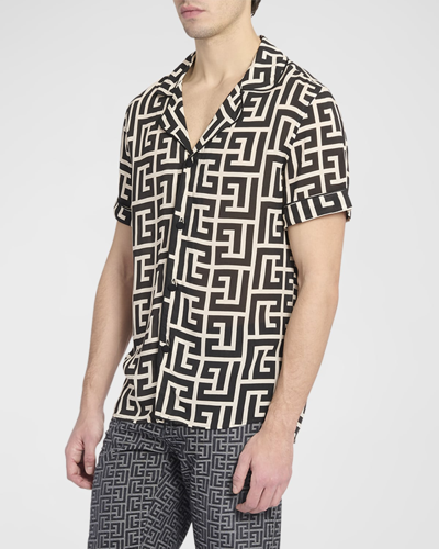Balmain Men's Macro Monogram Pajama Shirt In Black