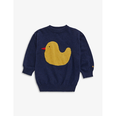 Bobo Choses Girls Midnight Blue Kids Duck Logo-embroidered Knitted Wool-blend Jumper 2-11 Years