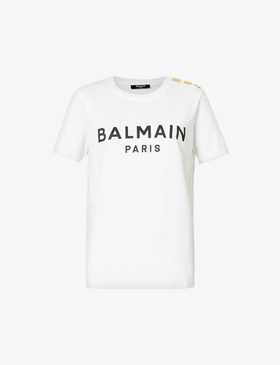 Balmain Womens Blanc Noir Brand-print Gold-tone-hardware Cotton-jersey T-shirt