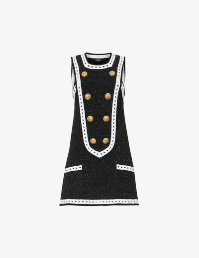 Balmain Womens Noirargentblanc Tweed Button-embellished Wool-blend Knitted Mini Dress