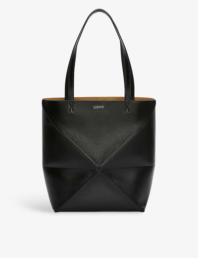 Loewe Puzzle Fold Medium Leather Tote Bag In Black