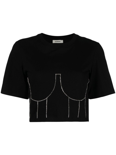 Sandro Crystal-embellished Cropped T-shirt In Noir / Gris
