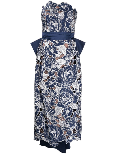 Marchesa Notte Floral-lace Bandeau Midi Dress In Blue