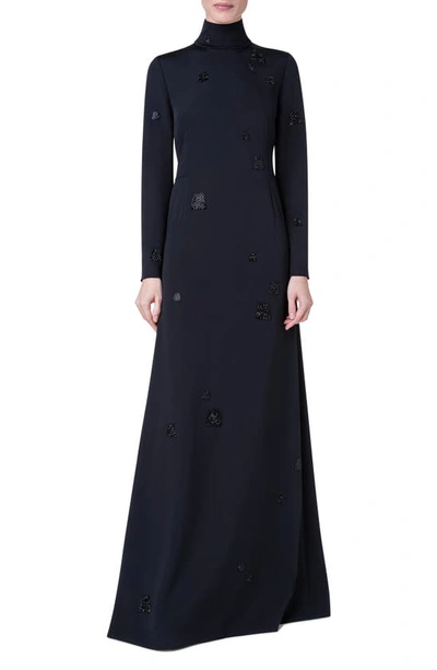 Akris Embellished Long-sleeve Godet-back Gown In 009 Black