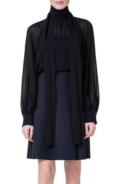 Akris Silk Georgette Tie Neck Blouse In Black