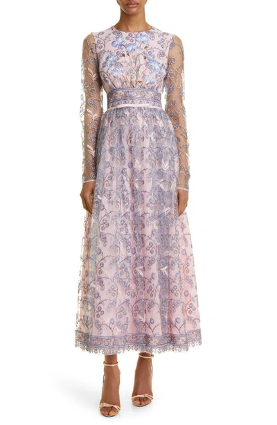 Giambattista Valli Popping Paisley Embroidered Tulle Dress In Light Blue/ Rose