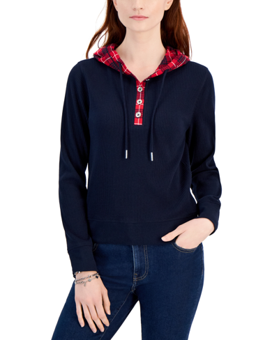 Tommy Hilfiger Women's Mixed-media Waffle-knit Hoodie In Sky