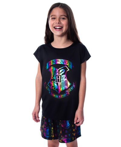 Harry Potter Girls' Hogwarts Rainbow Hologram T-shirt And Shorts Kids Pajama Set In Black