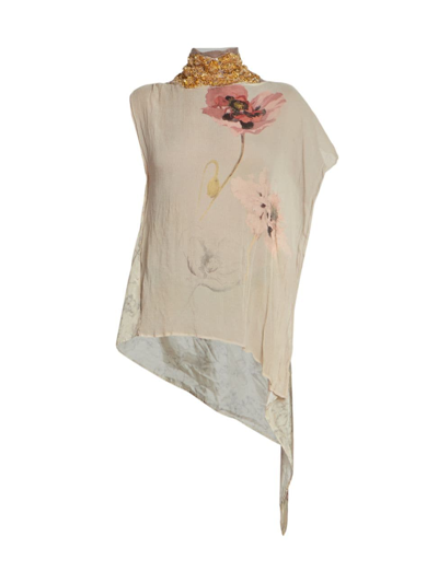 Dries Van Noten Womens Ecru Bead-embellished Floral-pattern Silk Top