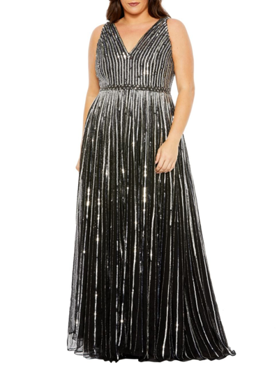Mac Duggal Sequined Striped Sleeveless V Neck A Line Gown In Black