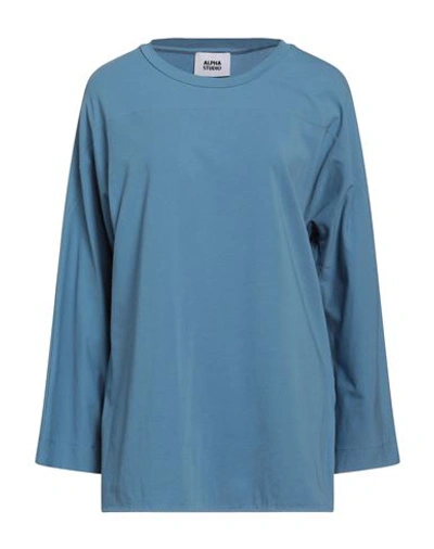 Alpha Studio Woman T-shirt Pastel Blue Size 8 Cotton, Elastane